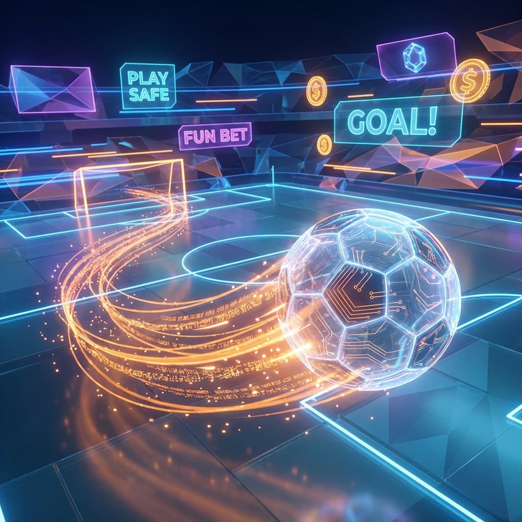 Football on a glowing pitch with orange digital lines and particles
