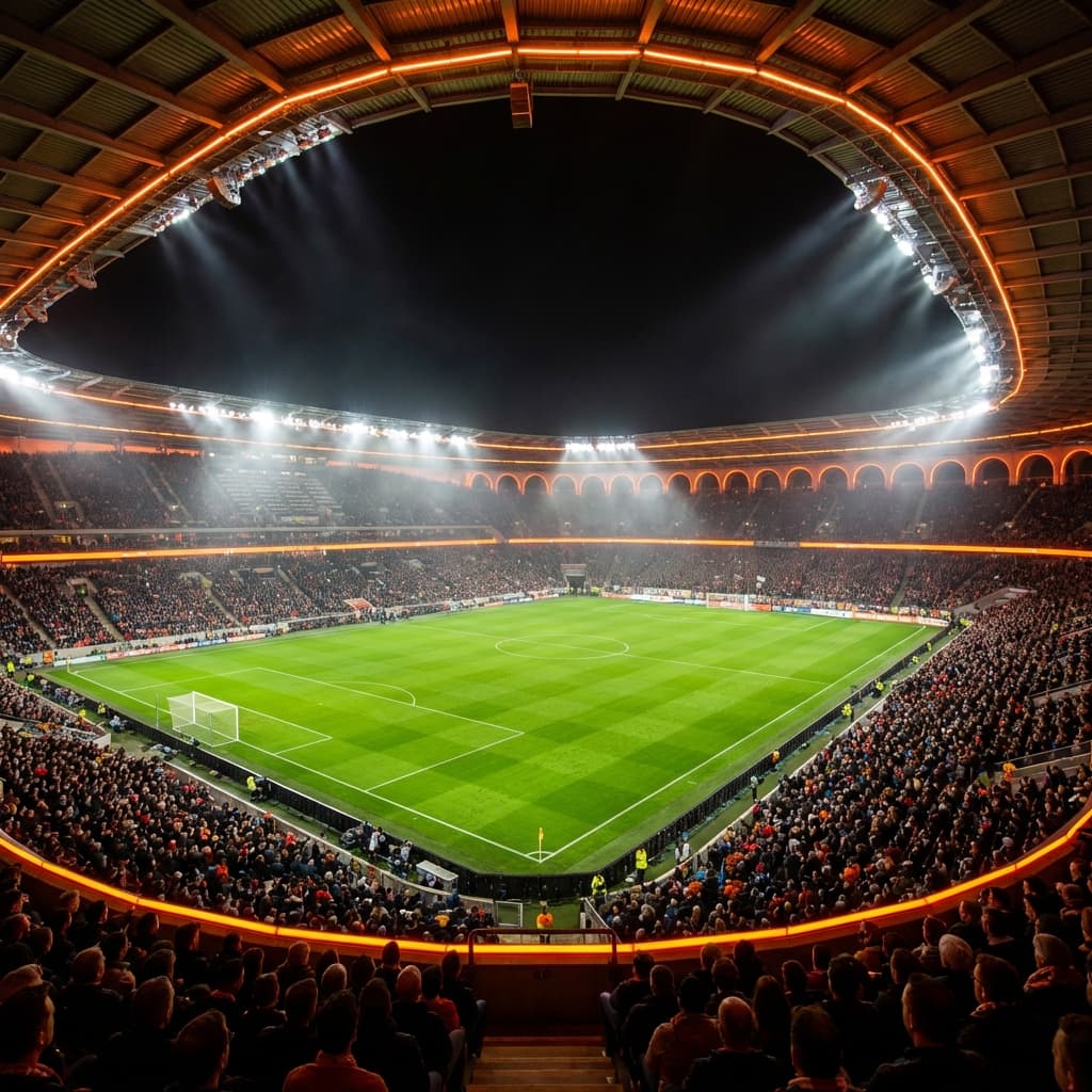 Night football stadium with orange accent lighting and a green pitch