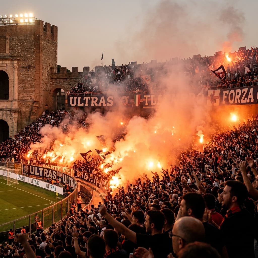 Classic Italian football stadium with orange flares